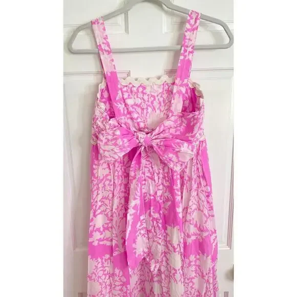 Juliet Dunn Square Neck Palladio Print Cotton Midi Dress Pink White Orchid - Picture 9 of 11